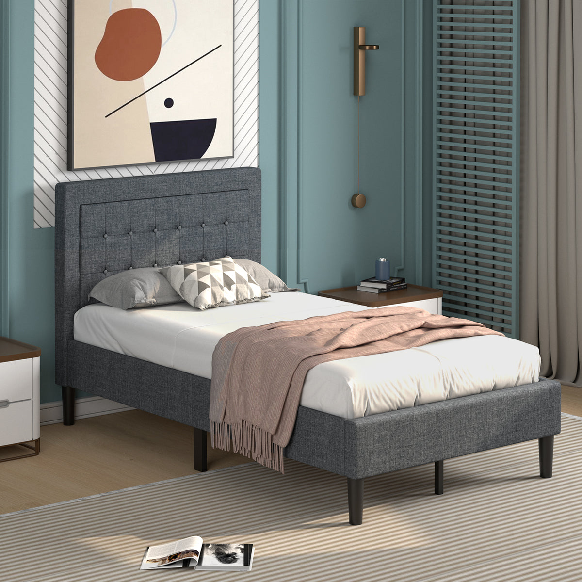 Twin Size Upholstered Bed Frame with Button Tufted Headboard-Simple Bed Frame-DECOROLALA