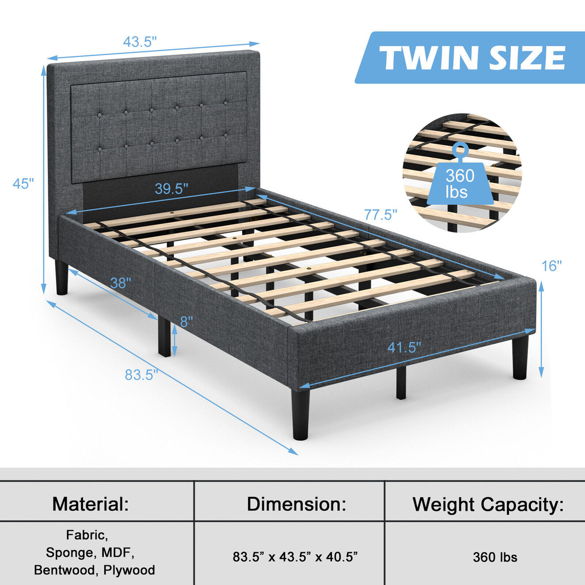 Twin Size Upholstered Bed Frame with Button Tufted Headboard-Simple Bed Frame-DECOROLALA