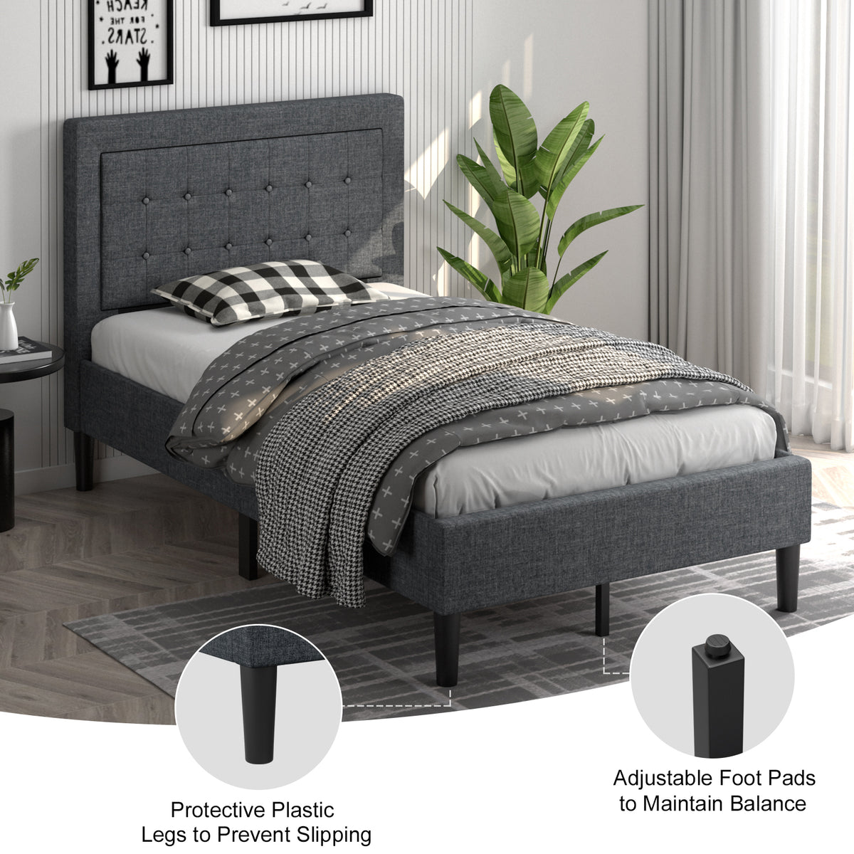 Twin Size Upholstered Bed Frame with Button Tufted Headboard-Simple Bed Frame-DECOROLALA