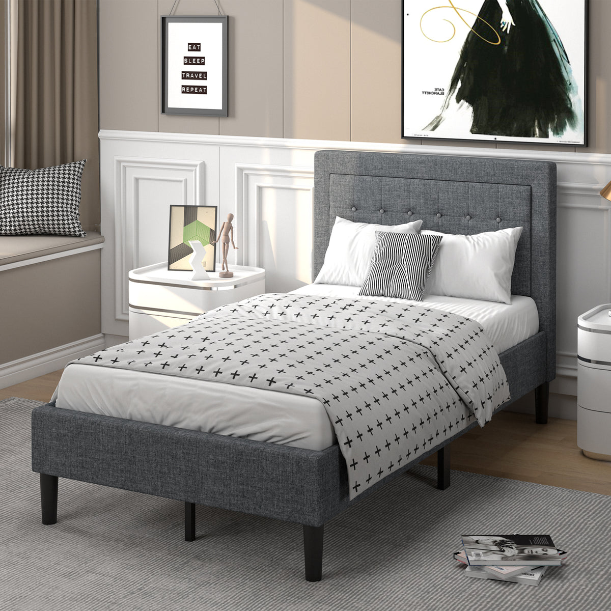 Twin Size Upholstered Bed Frame with Button Tufted Headboard-Simple Bed Frame-DECOROLALA