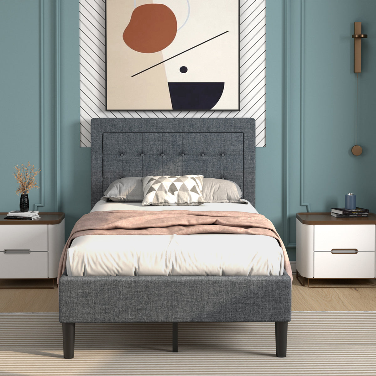 Twin Size Upholstered Bed Frame with Button Tufted Headboard-Simple Bed Frame-DECOROLALA