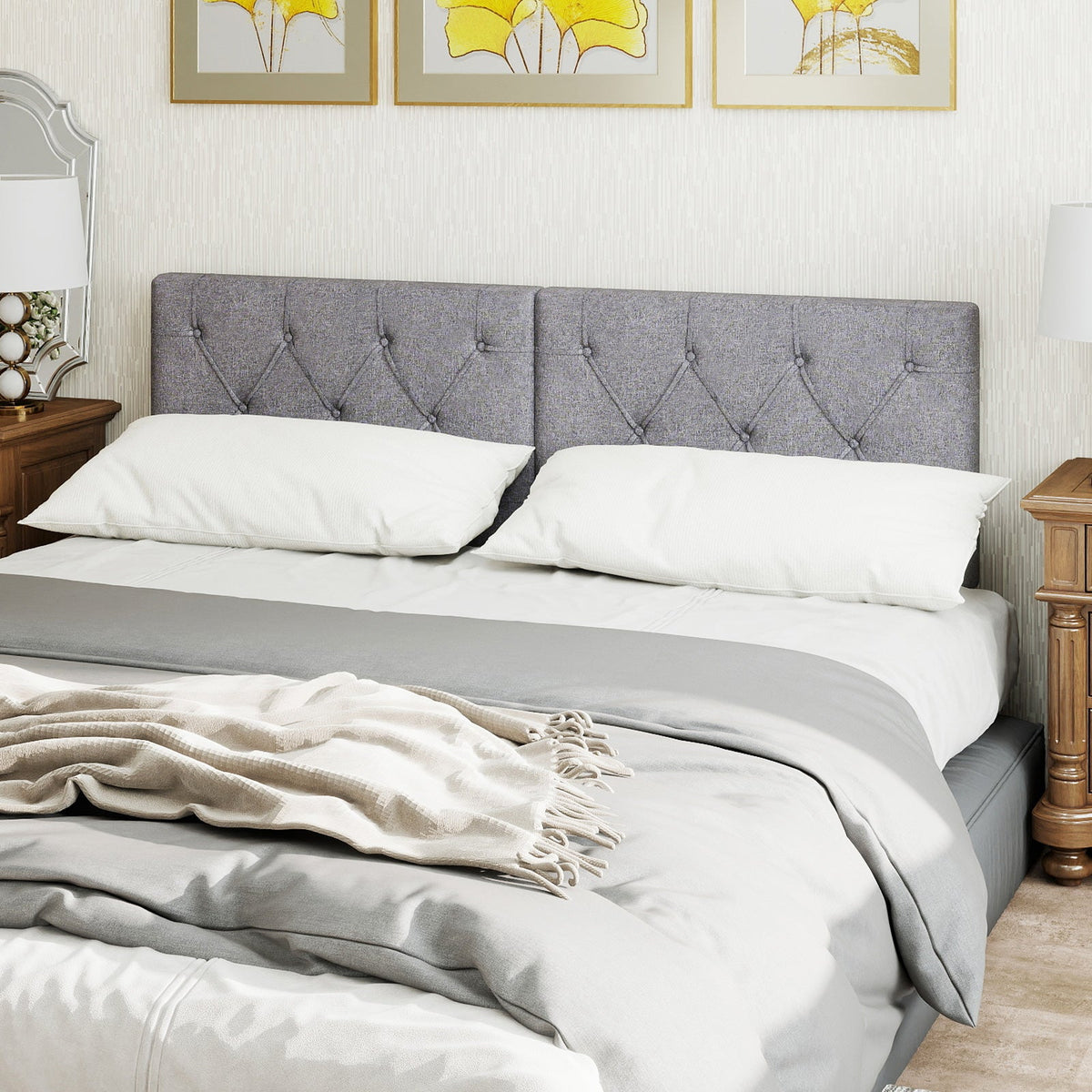 Twin Size Upholstered Headboard - Beige Button Tufted Adjustable-Headboards-DECOROLALA