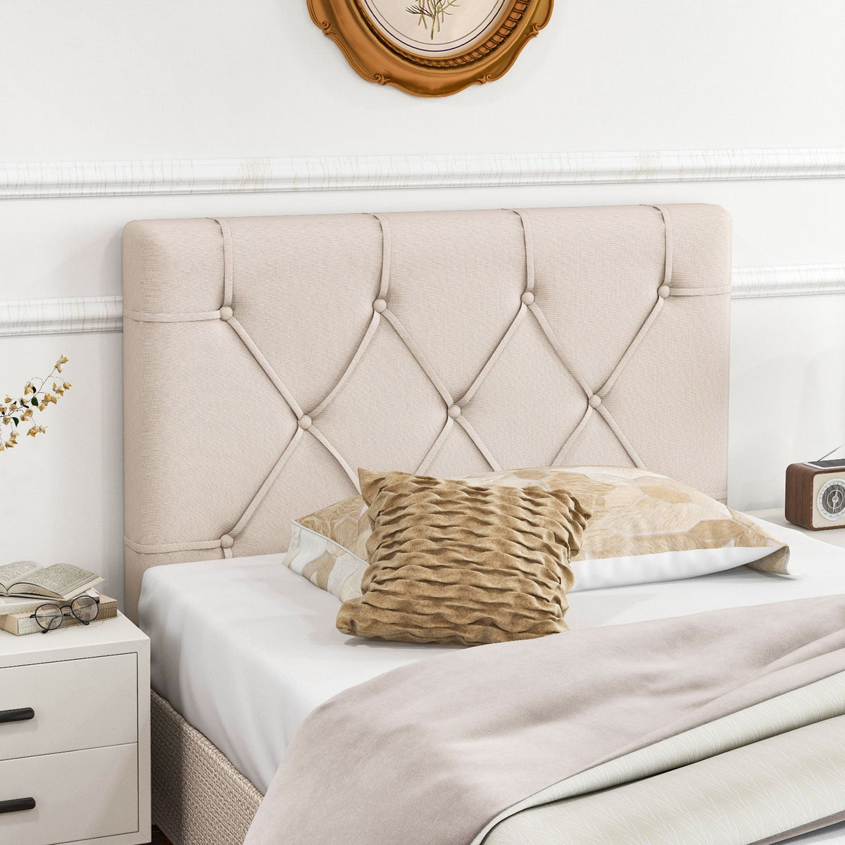 Twin Size Upholstered Headboard - Beige Button Tufted Adjustable-Headboards-DECOROLALA