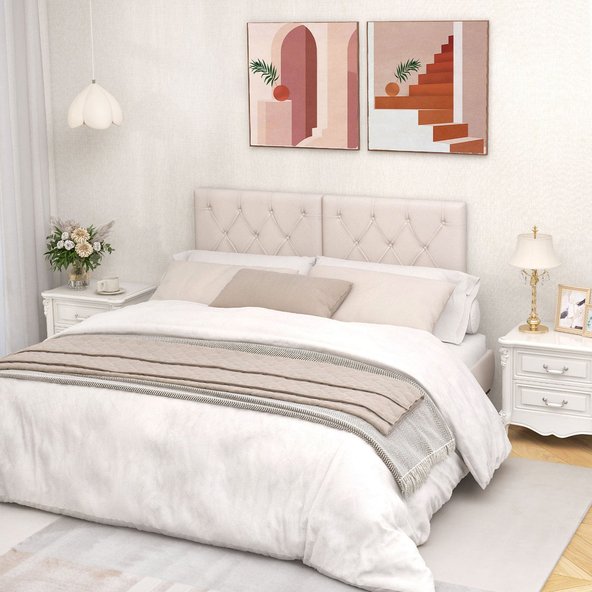 Twin Size Upholstered Headboard - Beige Button Tufted Adjustable-Headboards-DECOROLALA