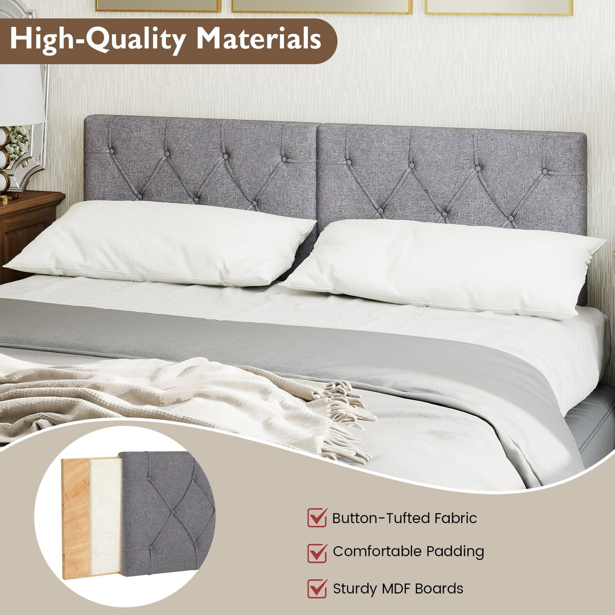 Twin Size Upholstered Headboard - Beige Button Tufted Adjustable-Headboards-DECOROLALA