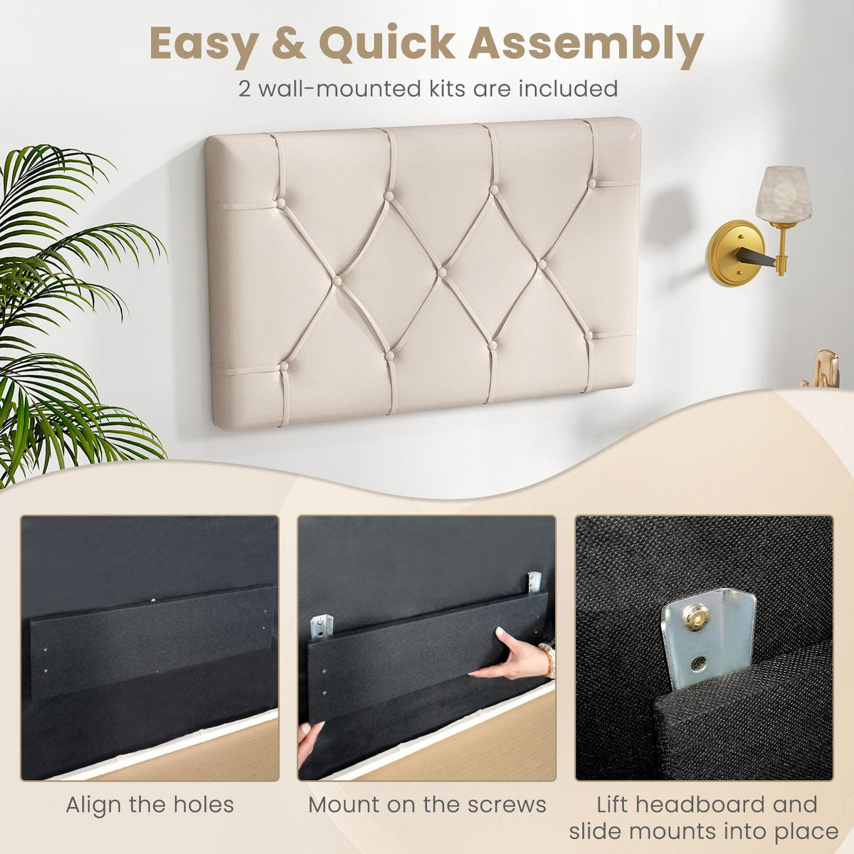 Twin Size Upholstered Headboard - Beige Button Tufted Adjustable-Headboards-DECOROLALA