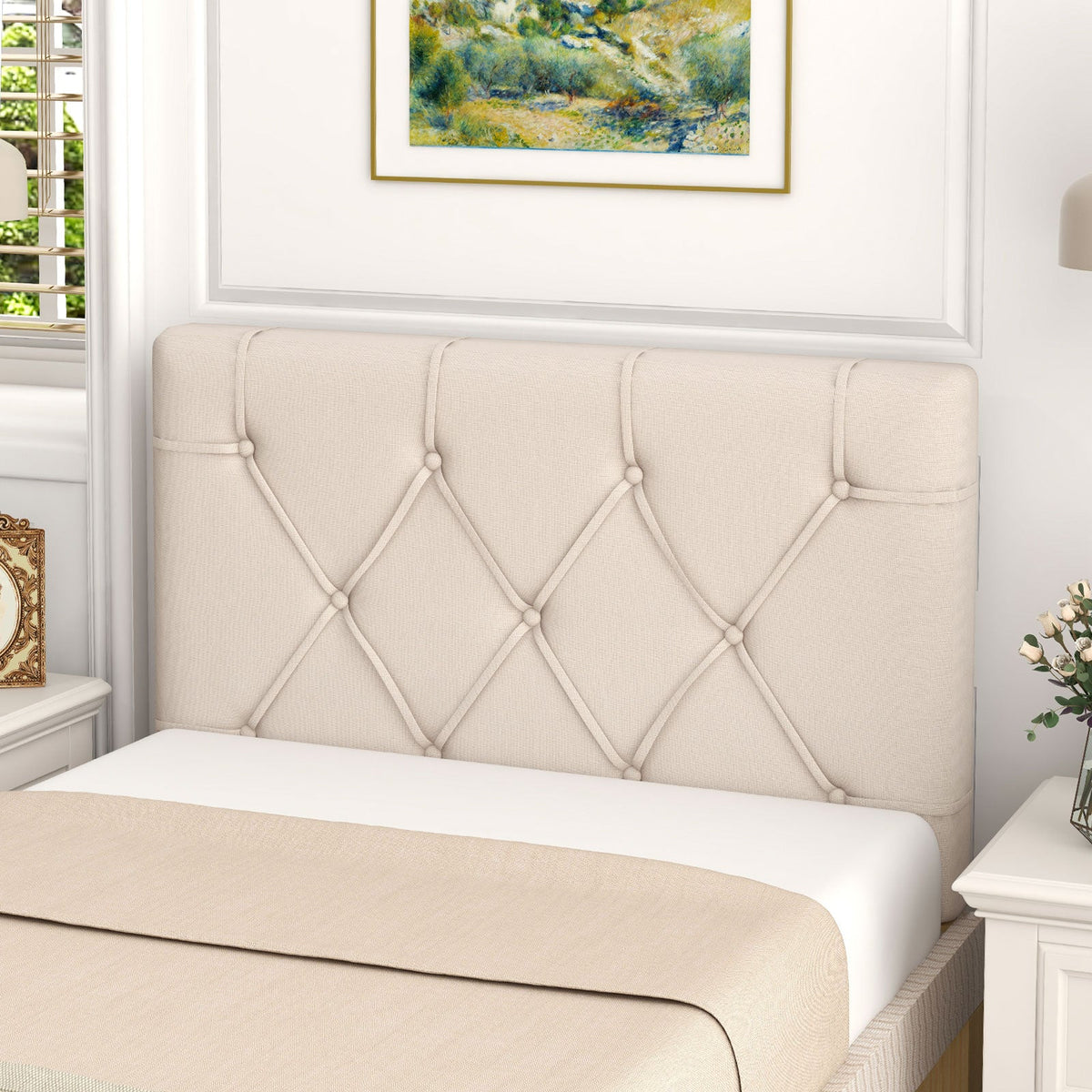 Twin Size Upholstered Headboard - Beige Button Tufted Adjustable-Headboards-DECOROLALA