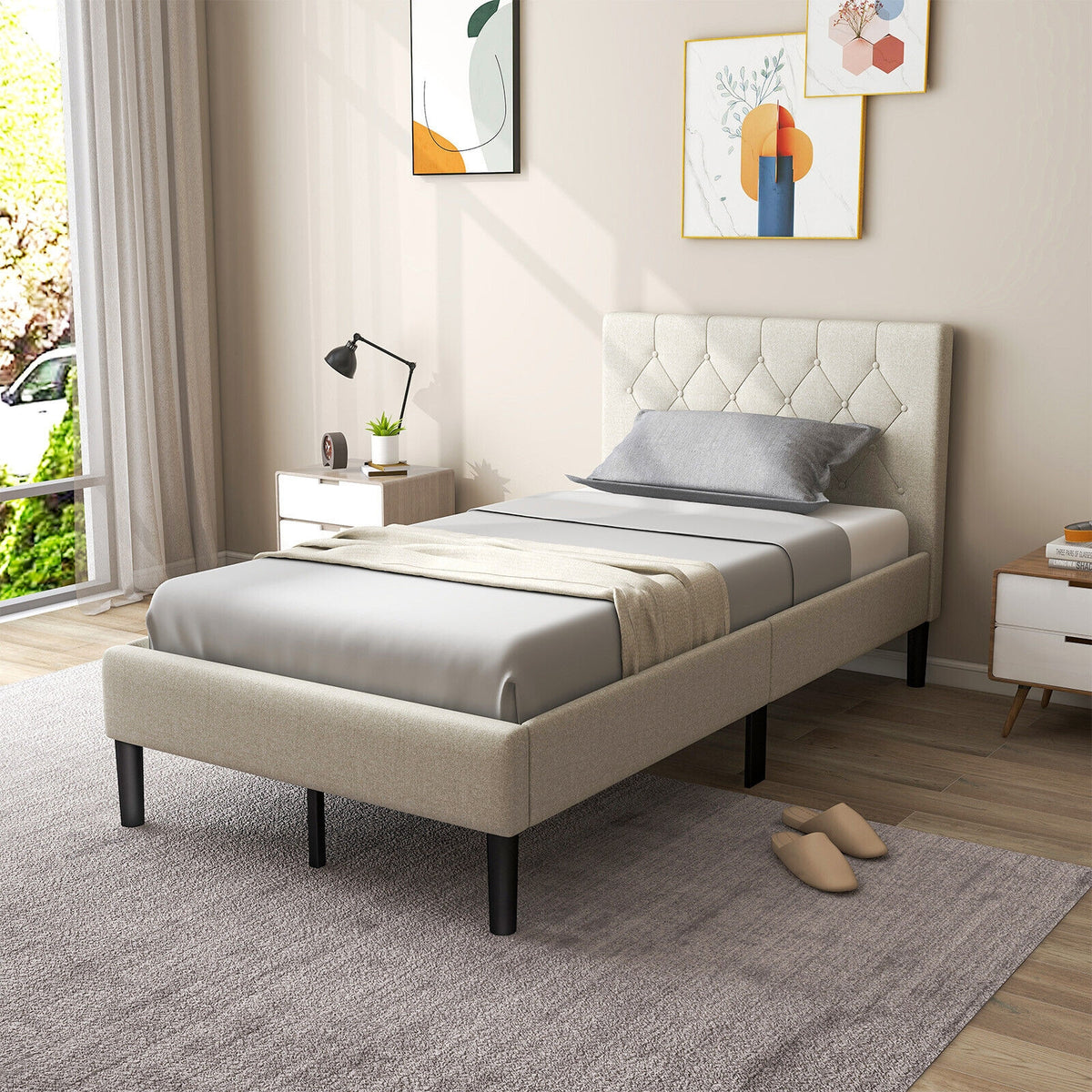Twin Size Upholstered Platform Bed with Button Tufted Headboard-Beige-Simple Bed Frame-DECOROLALA