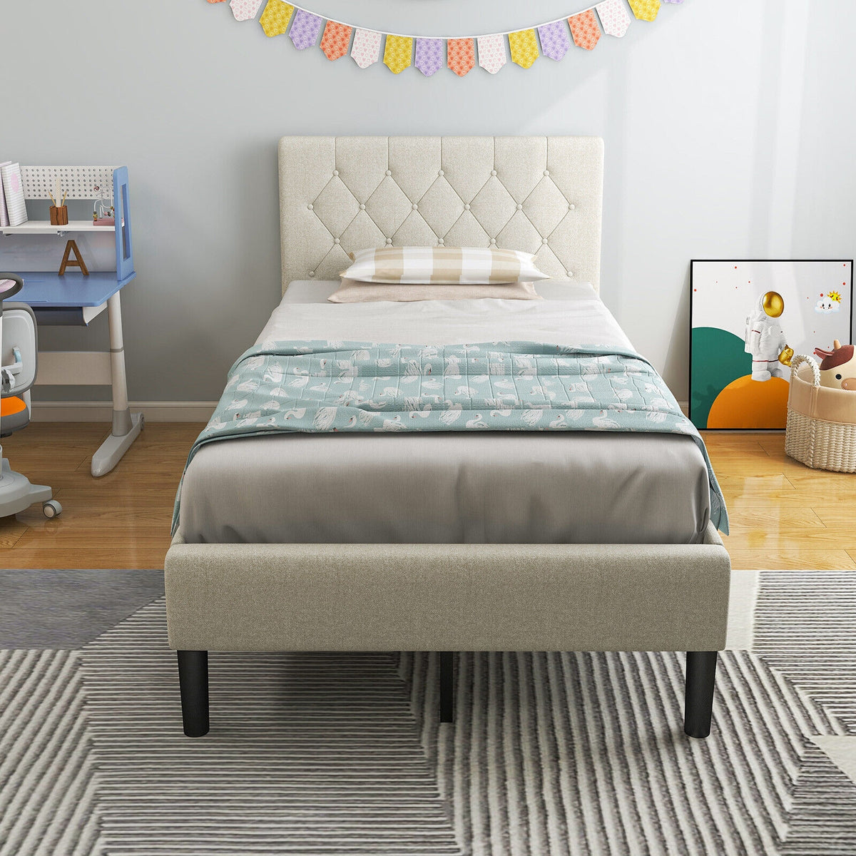 Twin Size Upholstered Platform Bed with Button Tufted Headboard-Beige-Simple Bed Frame-DECOROLALA
