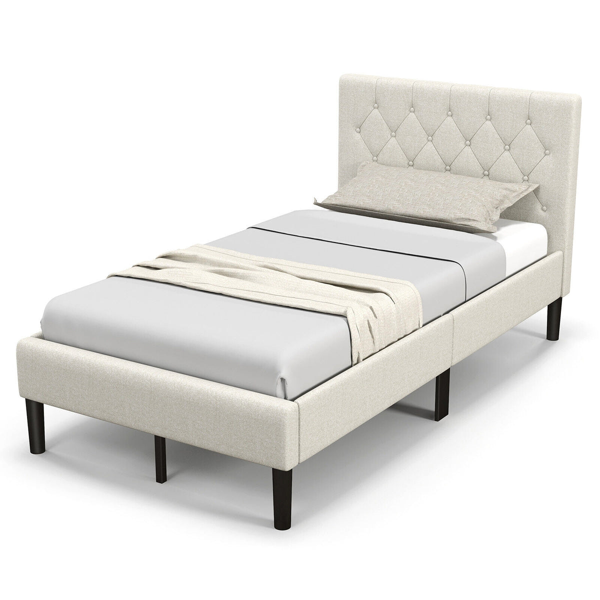 Twin Size Upholstered Platform Bed with Button Tufted Headboard-Beige-Simple Bed Frame-DECOROLALA