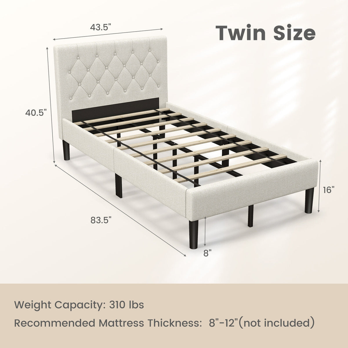 Twin Size Upholstered Platform Bed with Button Tufted Headboard-Beige-Simple Bed Frame-DECOROLALA