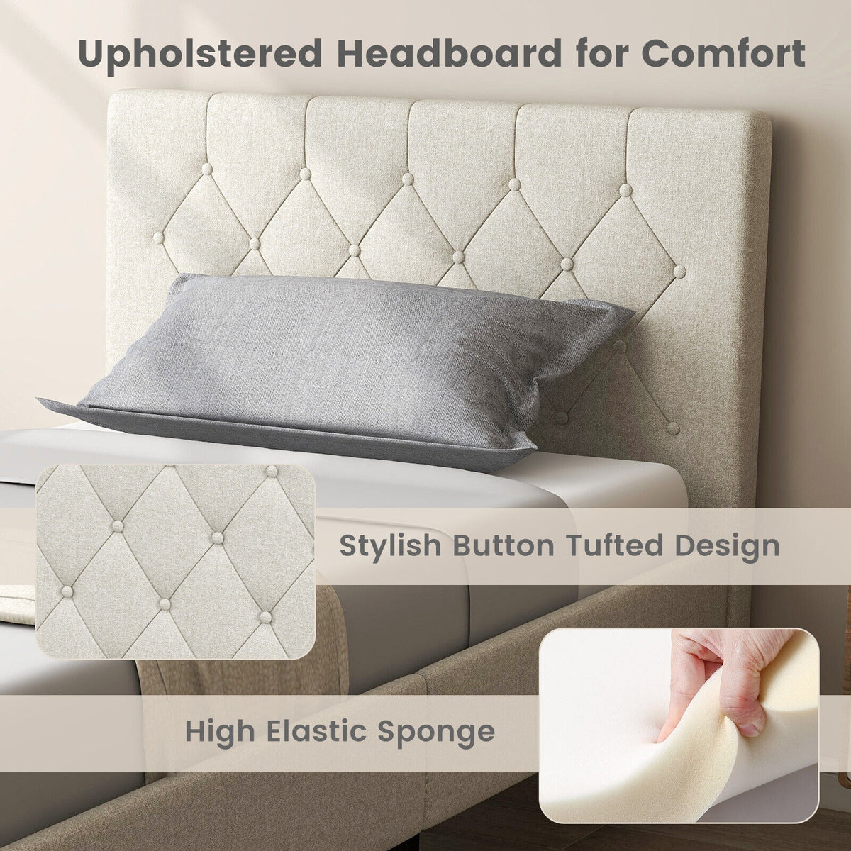 Twin Size Upholstered Platform Bed with Button Tufted Headboard-Beige-Simple Bed Frame-DECOROLALA