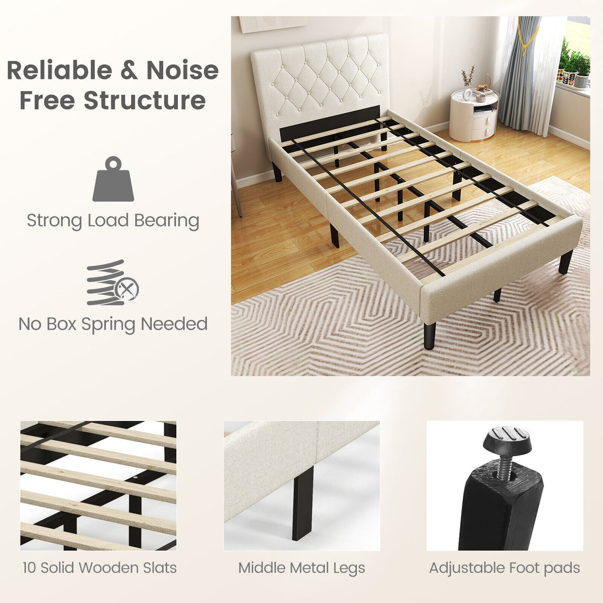 Twin Size Upholstered Platform Bed with Button Tufted Headboard-Beige-Simple Bed Frame-DECOROLALA