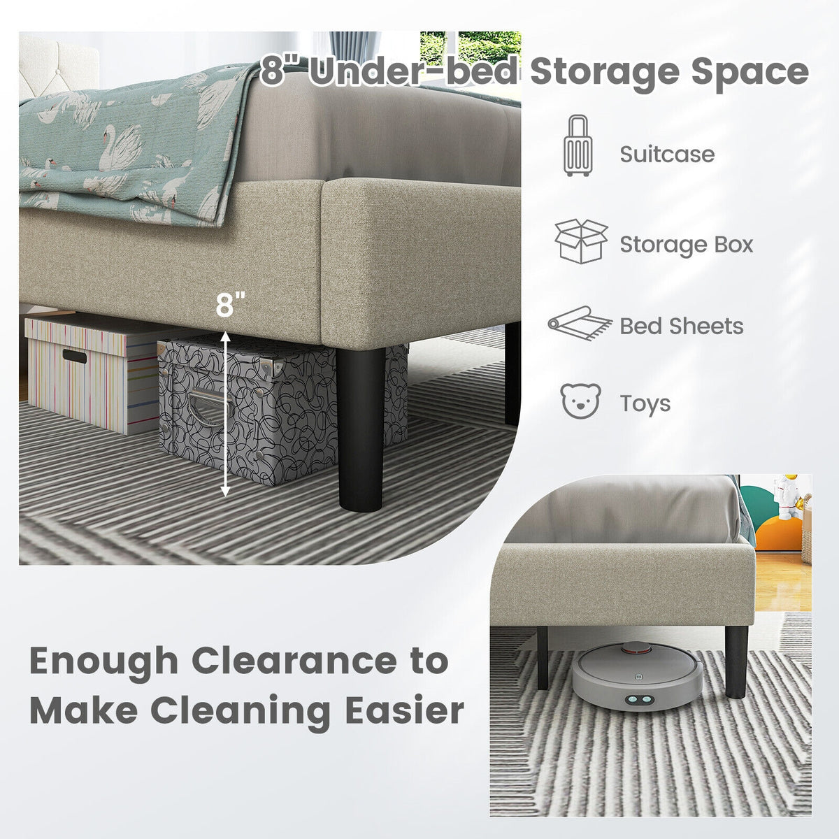 Twin Size Upholstered Platform Bed with Button Tufted Headboard-Beige-Simple Bed Frame-DECOROLALA