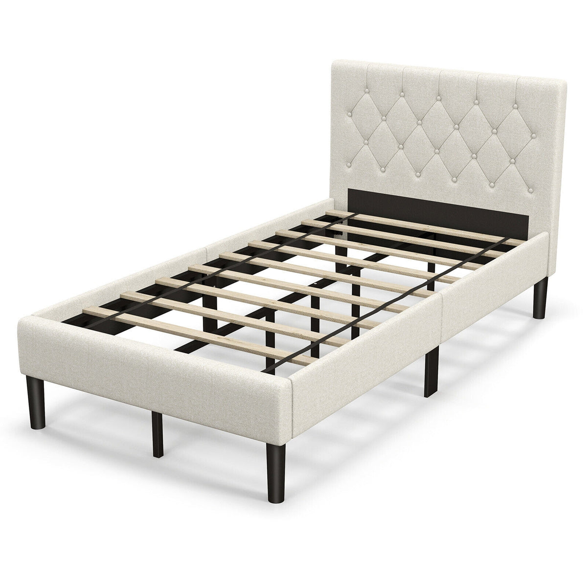 Twin Size Upholstered Platform Bed with Button Tufted Headboard-Beige-Simple Bed Frame-DECOROLALA