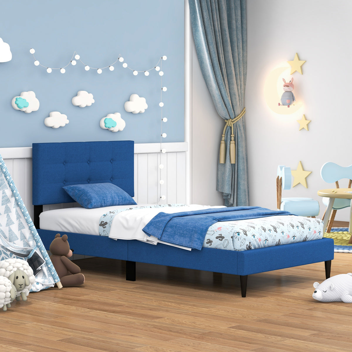 Twin Size Upholstered Platform Bed with Button Tufted Headboard-Blue-Simple Bed Frame-DECOROLALA