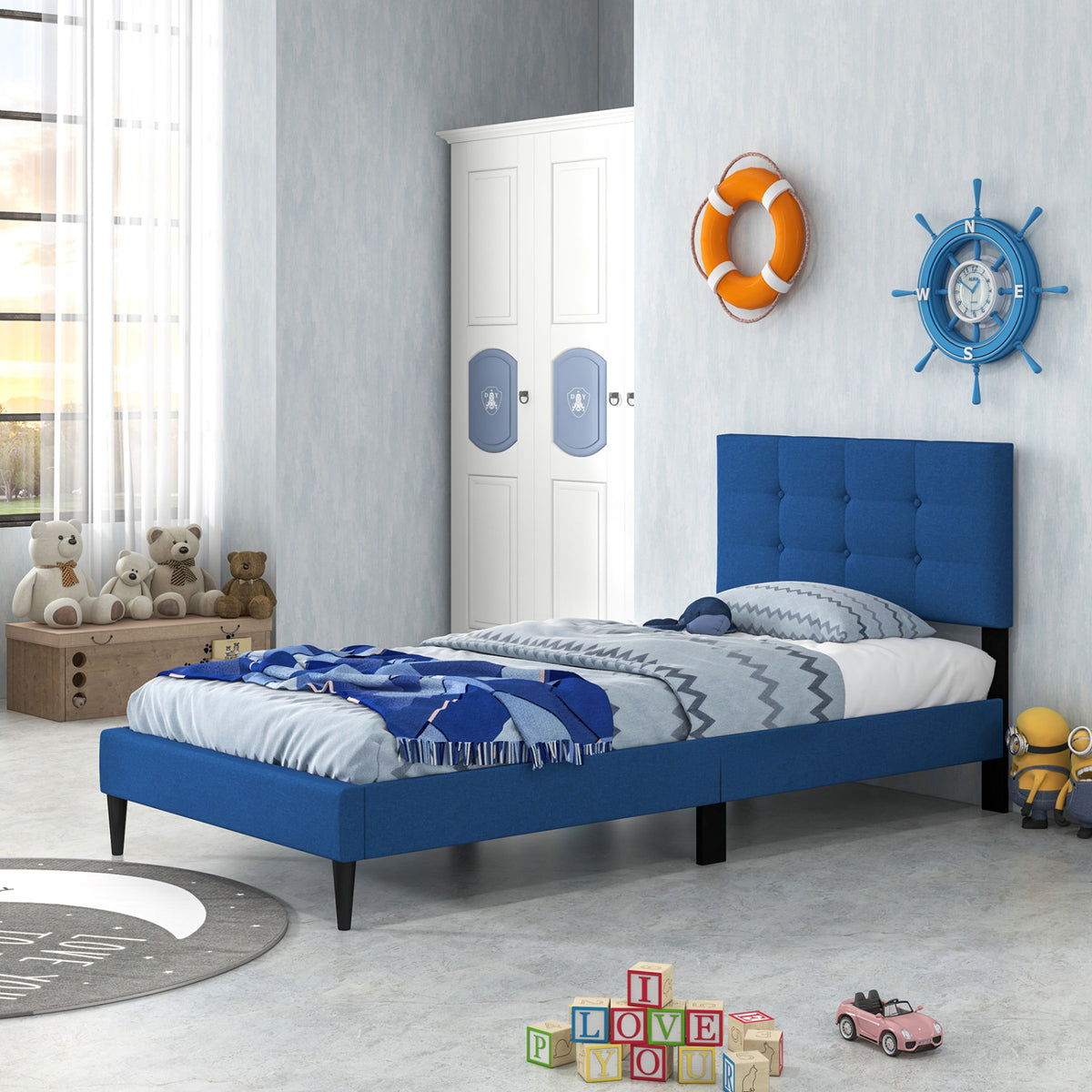 Twin Size Upholstered Platform Bed with Button Tufted Headboard-Blue-Simple Bed Frame-DECOROLALA