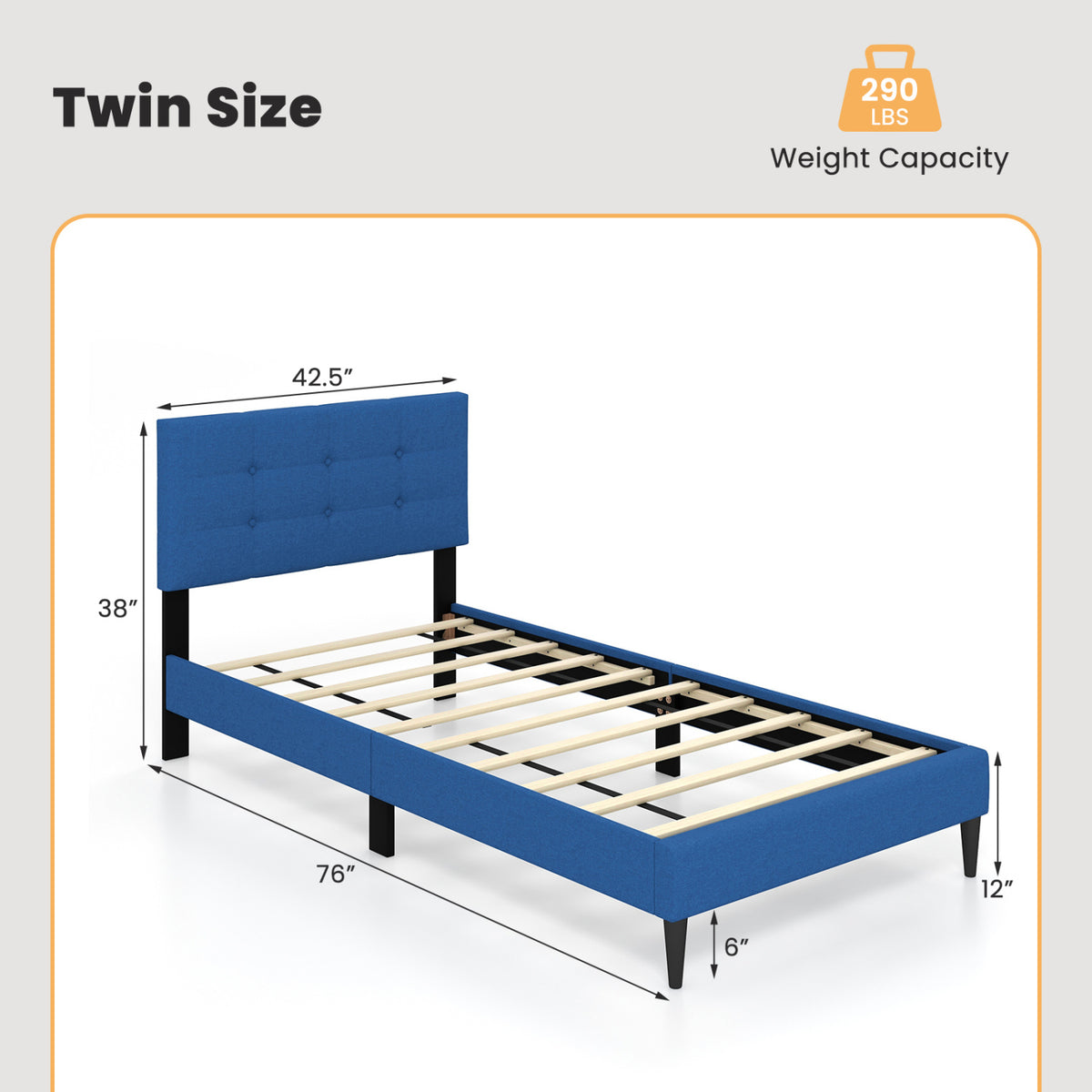 Twin Size Upholstered Platform Bed with Button Tufted Headboard-Blue-Simple Bed Frame-DECOROLALA