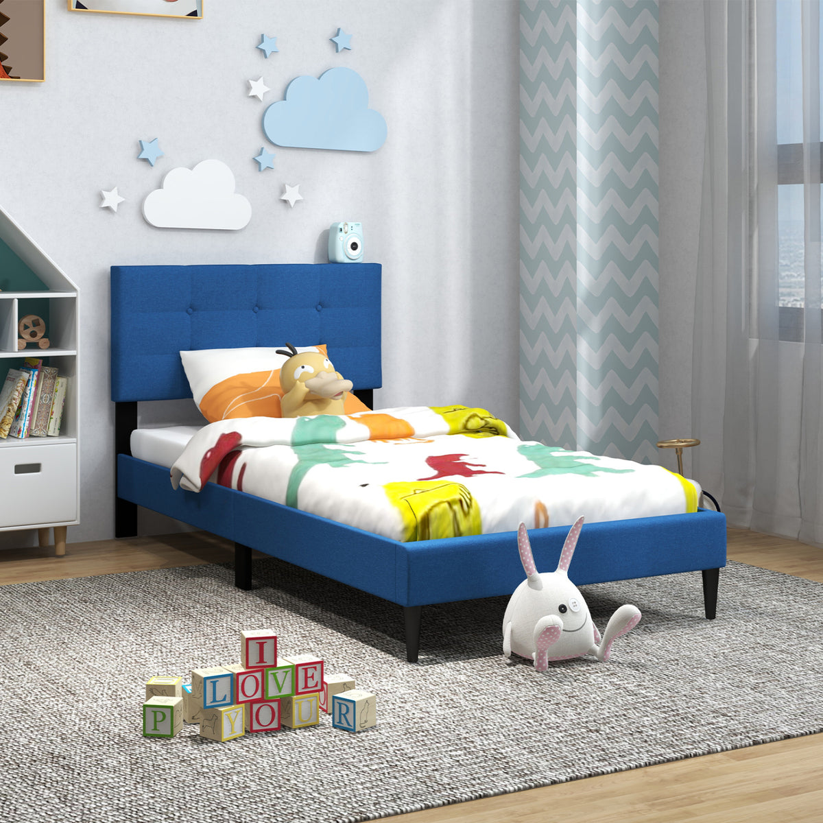 Twin Size Upholstered Platform Bed with Button Tufted Headboard-Blue-Simple Bed Frame-DECOROLALA