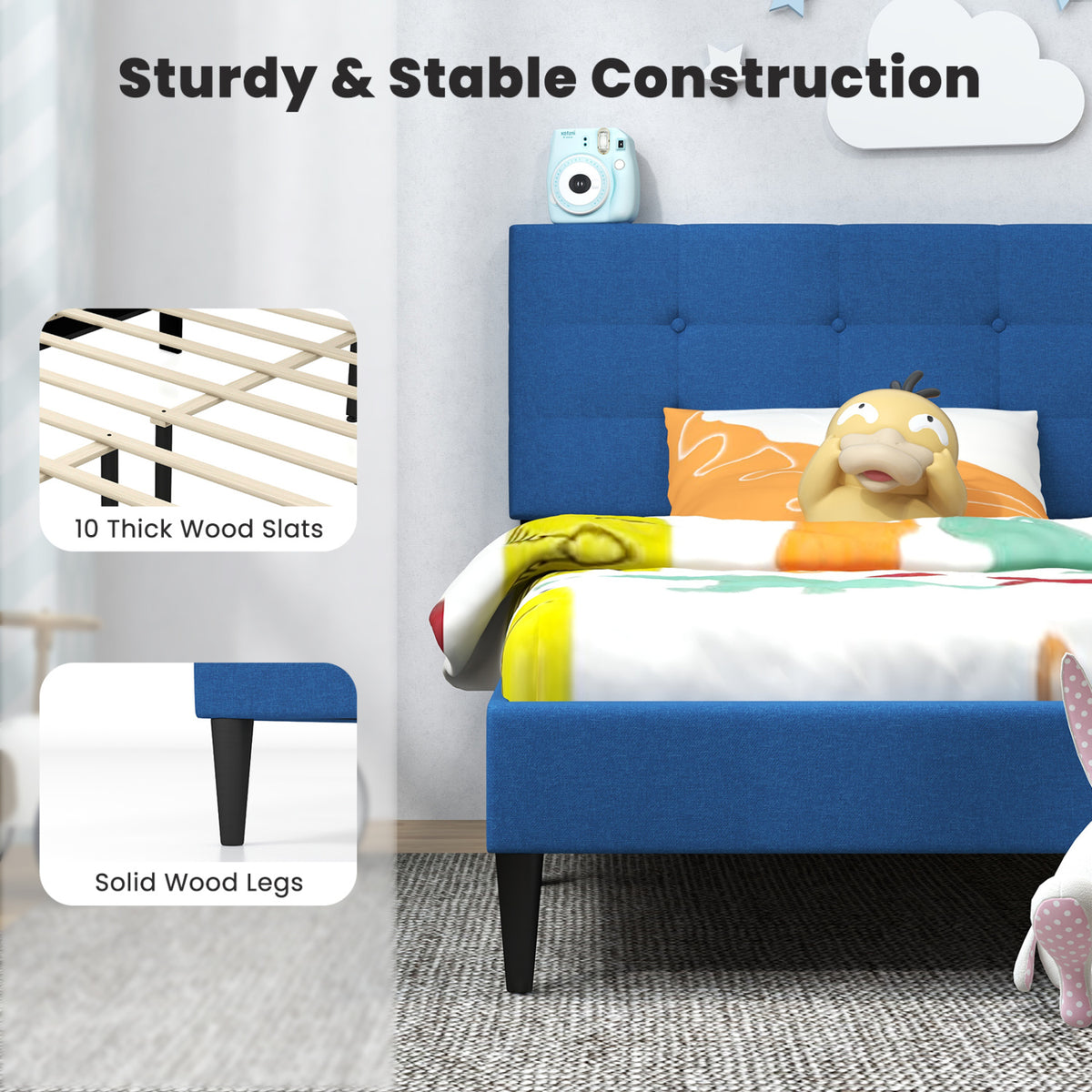 Twin Size Upholstered Platform Bed with Button Tufted Headboard-Blue-Simple Bed Frame-DECOROLALA