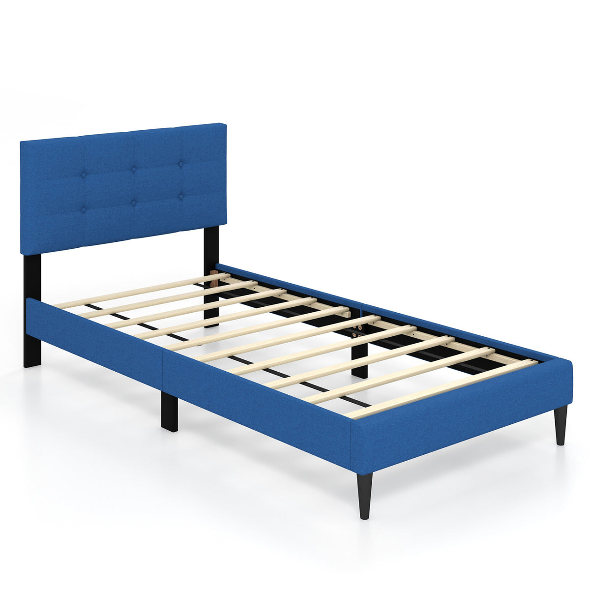 Twin Size Upholstered Platform Bed with Button Tufted Headboard-Blue-Simple Bed Frame-DECOROLALA