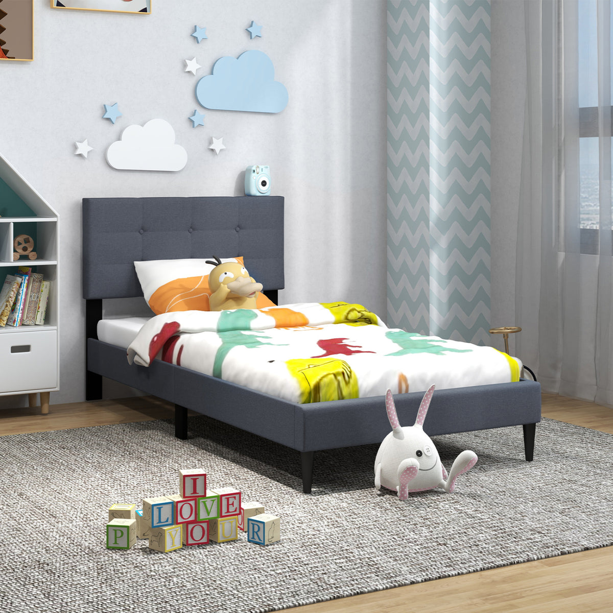 Twin Size Upholstered Platform Bed with Button Tufted Headboard-Gray-Simple Bed Frame-DECOROLALA