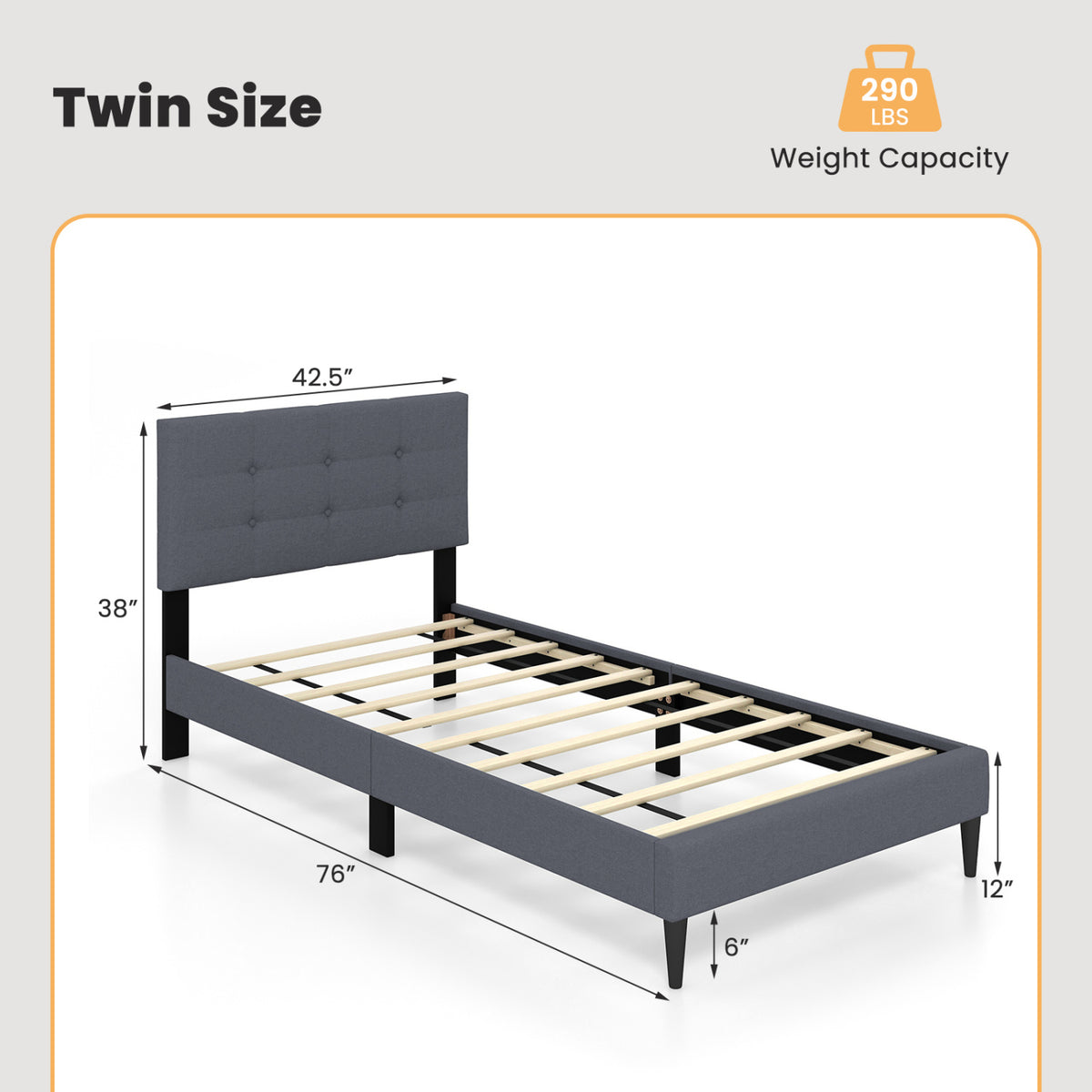 Twin Size Upholstered Platform Bed with Button Tufted Headboard-Gray-Simple Bed Frame-DECOROLALA