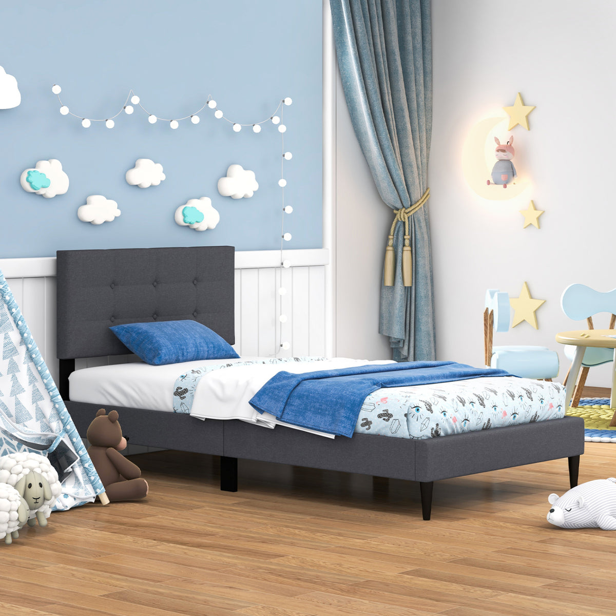 Twin Size Upholstered Platform Bed with Button Tufted Headboard-Gray-Simple Bed Frame-DECOROLALA