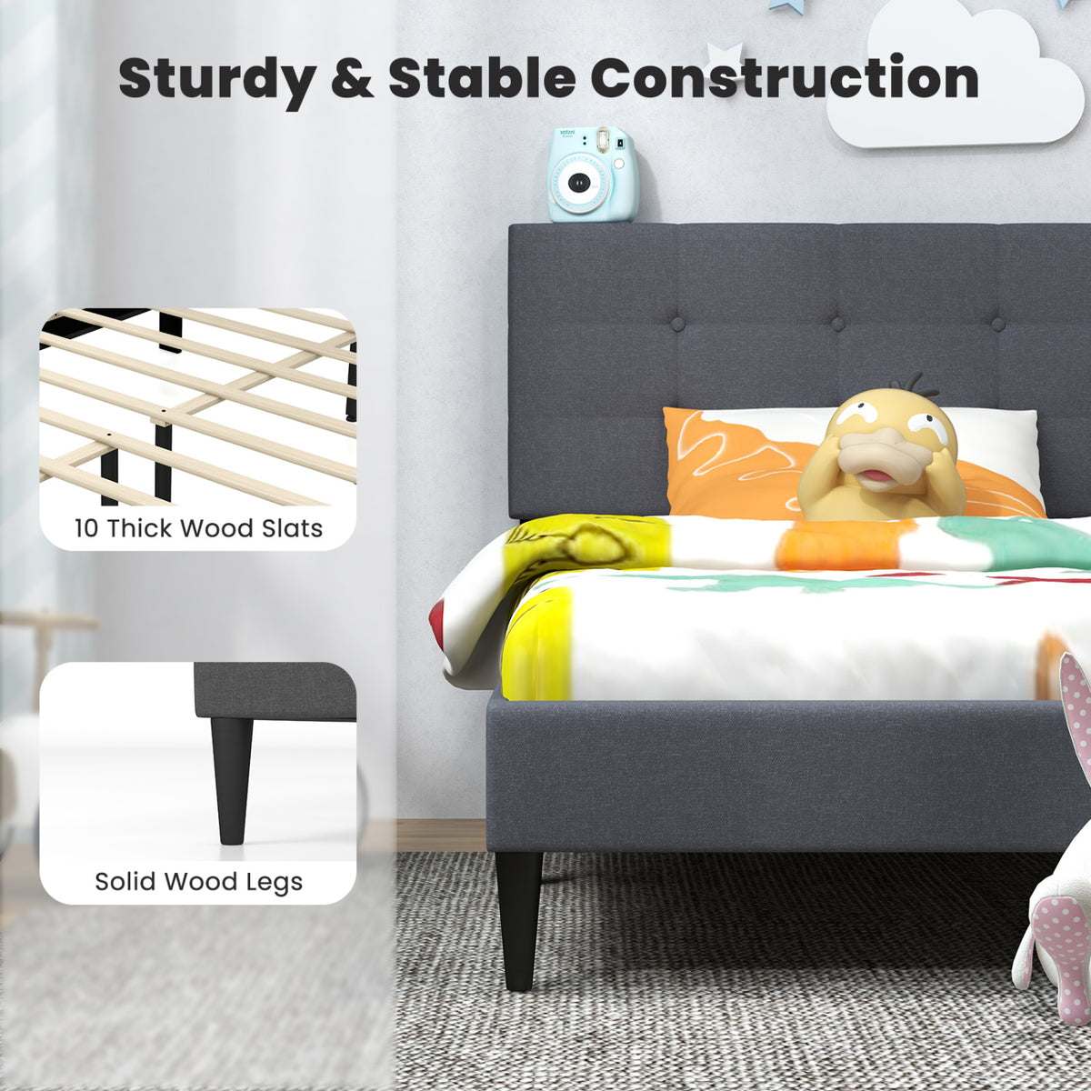 Twin Size Upholstered Platform Bed with Button Tufted Headboard-Gray-Simple Bed Frame-DECOROLALA
