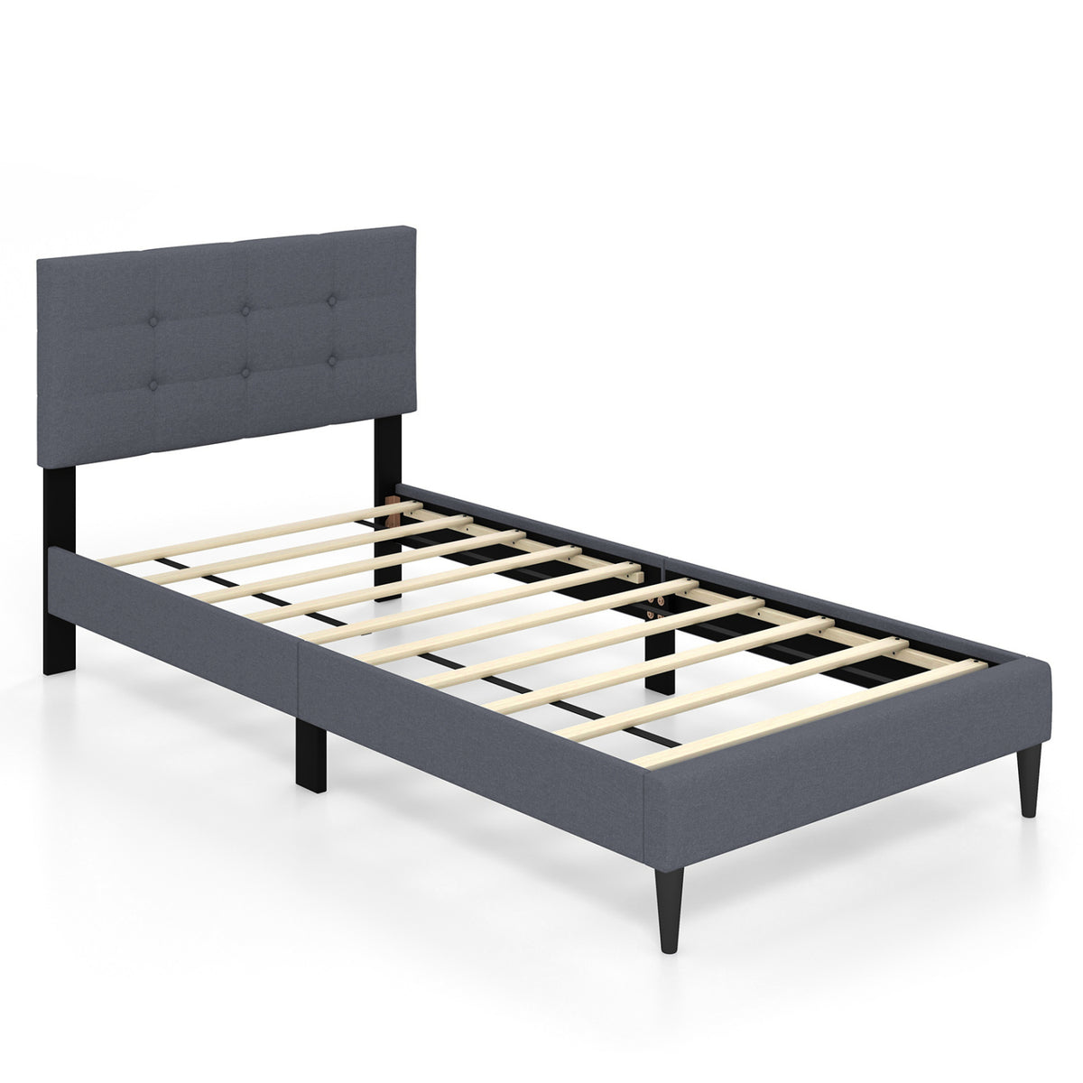 Twin Size Upholstered Platform Bed with Button Tufted Headboard-Gray-Simple Bed Frame-DECOROLALA