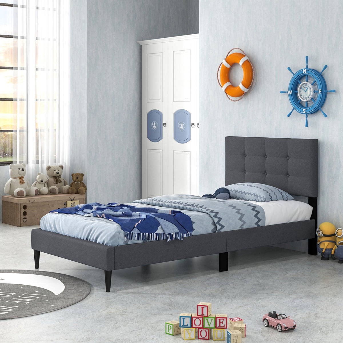 Twin Size Upholstered Platform Bed with Button Tufted Headboard-Simple Bed Frame-DECOROLALA