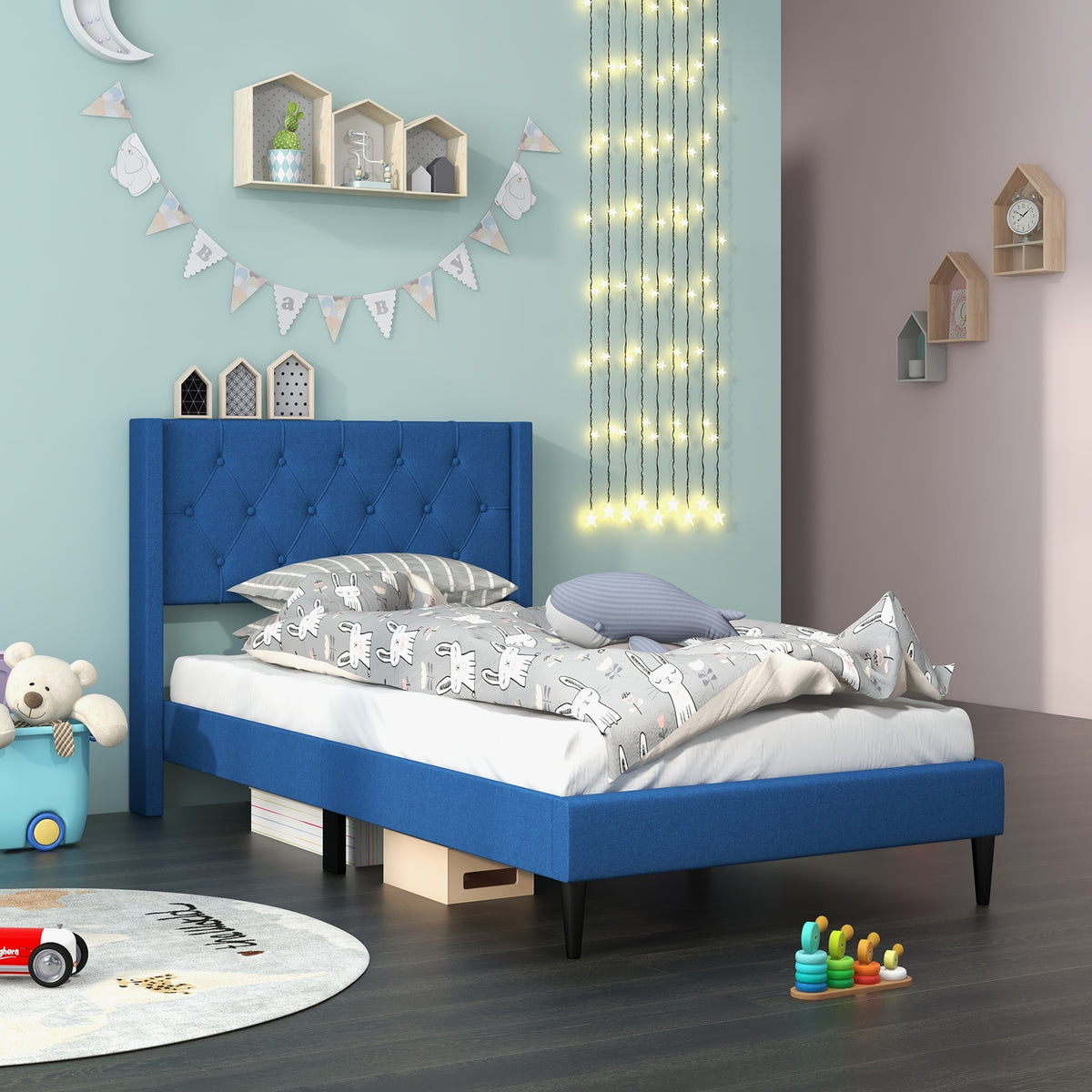 Twin Size Upholstered Platform Bed with Button Tufted Wingback Headboard-Blue-Simple Bed Frame-DECOROLALA