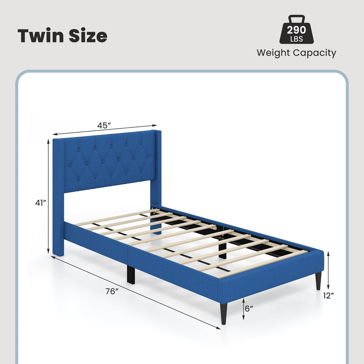 Twin Size Upholstered Platform Bed with Button Tufted Wingback Headboard-Blue-Simple Bed Frame-DECOROLALA