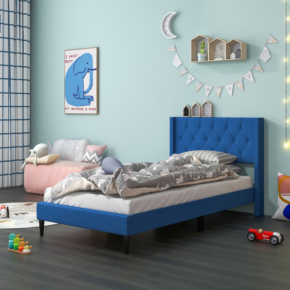 Twin Size Upholstered Platform Bed with Button Tufted Wingback Headboard-Blue-Simple Bed Frame-DECOROLALA