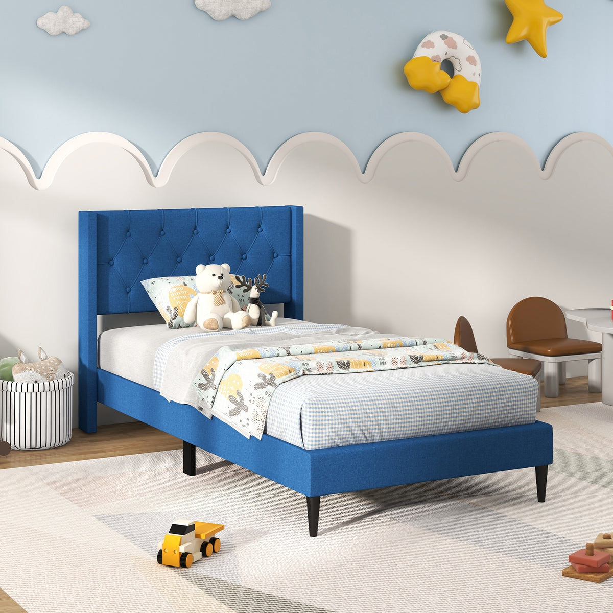 Twin Size Upholstered Platform Bed with Button Tufted Wingback Headboard-Blue-Simple Bed Frame-DECOROLALA