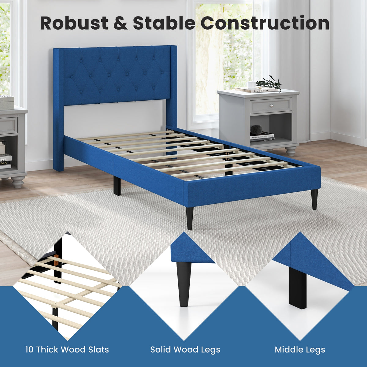 Twin Size Upholstered Platform Bed with Button Tufted Wingback Headboard-Blue-Simple Bed Frame-DECOROLALA