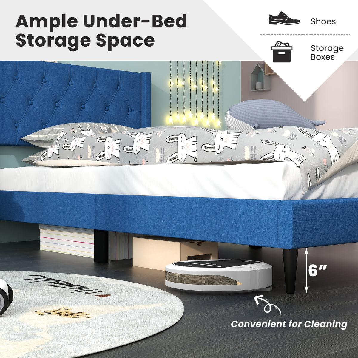 Twin Size Upholstered Platform Bed with Button Tufted Wingback Headboard-Blue-Simple Bed Frame-DECOROLALA