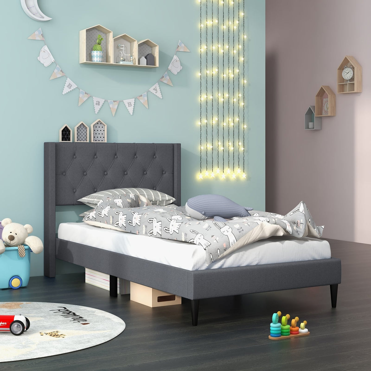 Twin Size Upholstered Platform Bed with Button Tufted Wingback Headboard-Gray-Simple Bed Frame-DECOROLALA