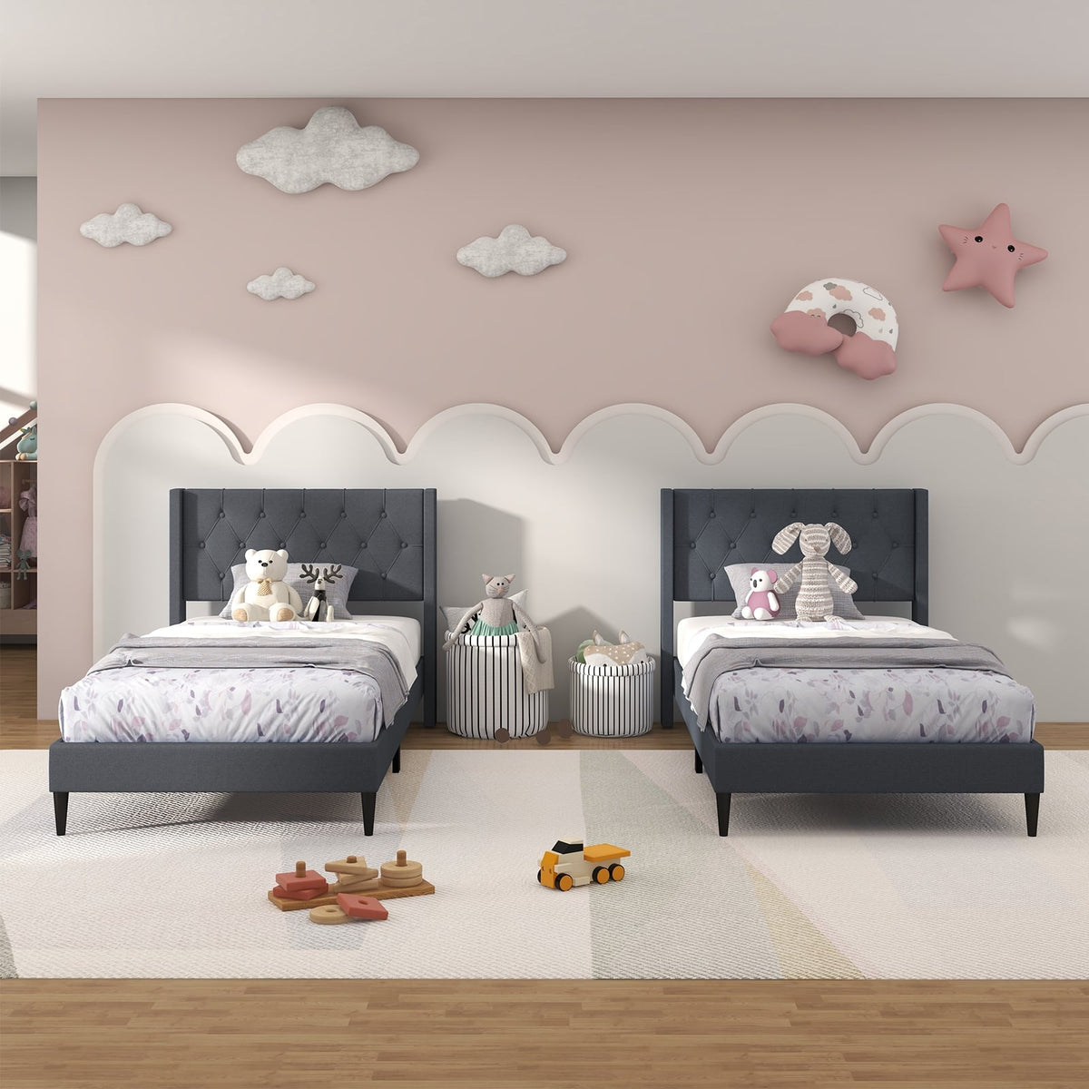 Twin Size Upholstered Platform Bed with Button Tufted Wingback Headboard-Gray-Simple Bed Frame-DECOROLALA
