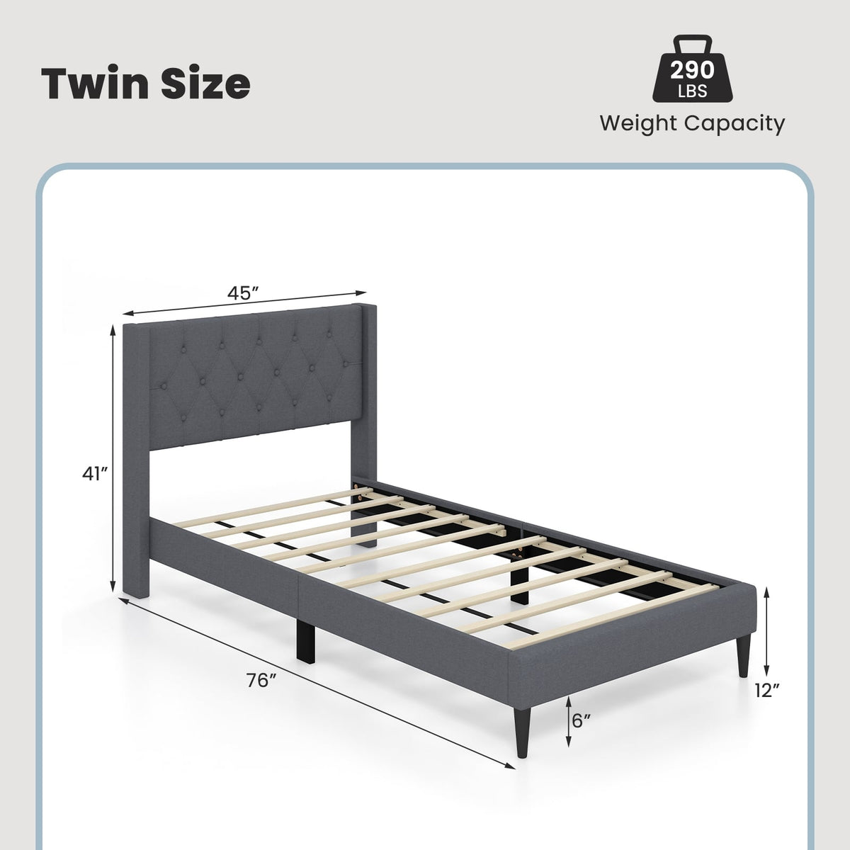 Twin Size Upholstered Platform Bed with Button Tufted Wingback Headboard-Gray-Simple Bed Frame-DECOROLALA
