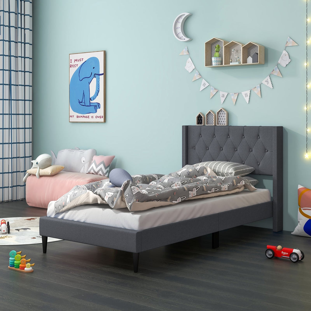 Twin Size Upholstered Platform Bed with Button Tufted Wingback Headboard-Gray-Simple Bed Frame-DECOROLALA