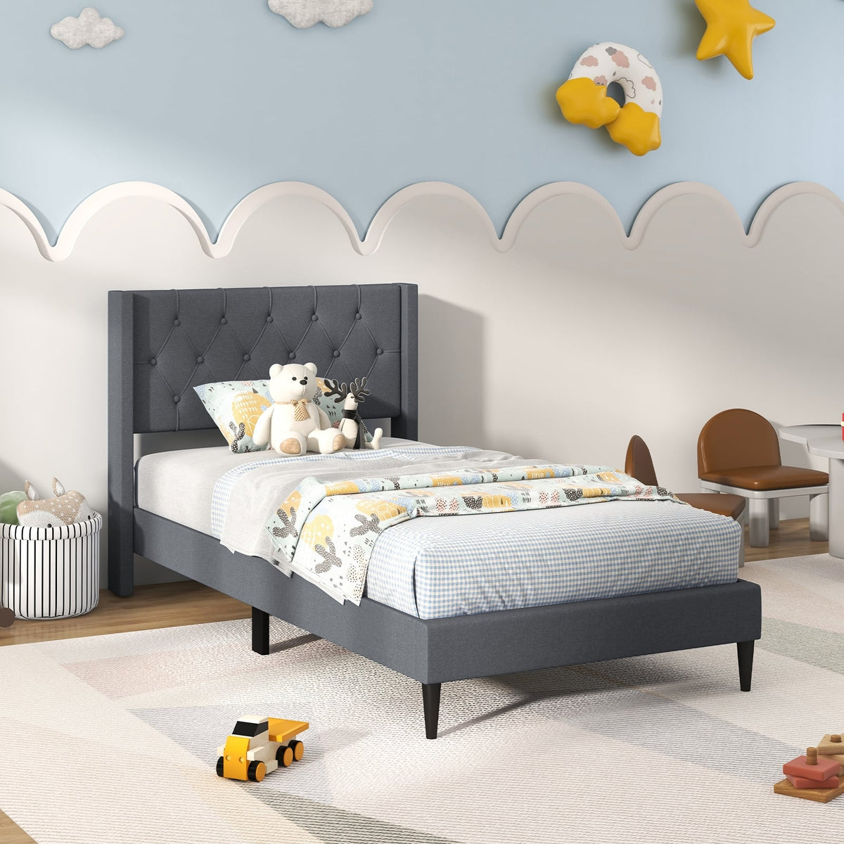 Twin Size Upholstered Platform Bed with Button Tufted Wingback Headboard-Gray-Simple Bed Frame-DECOROLALA