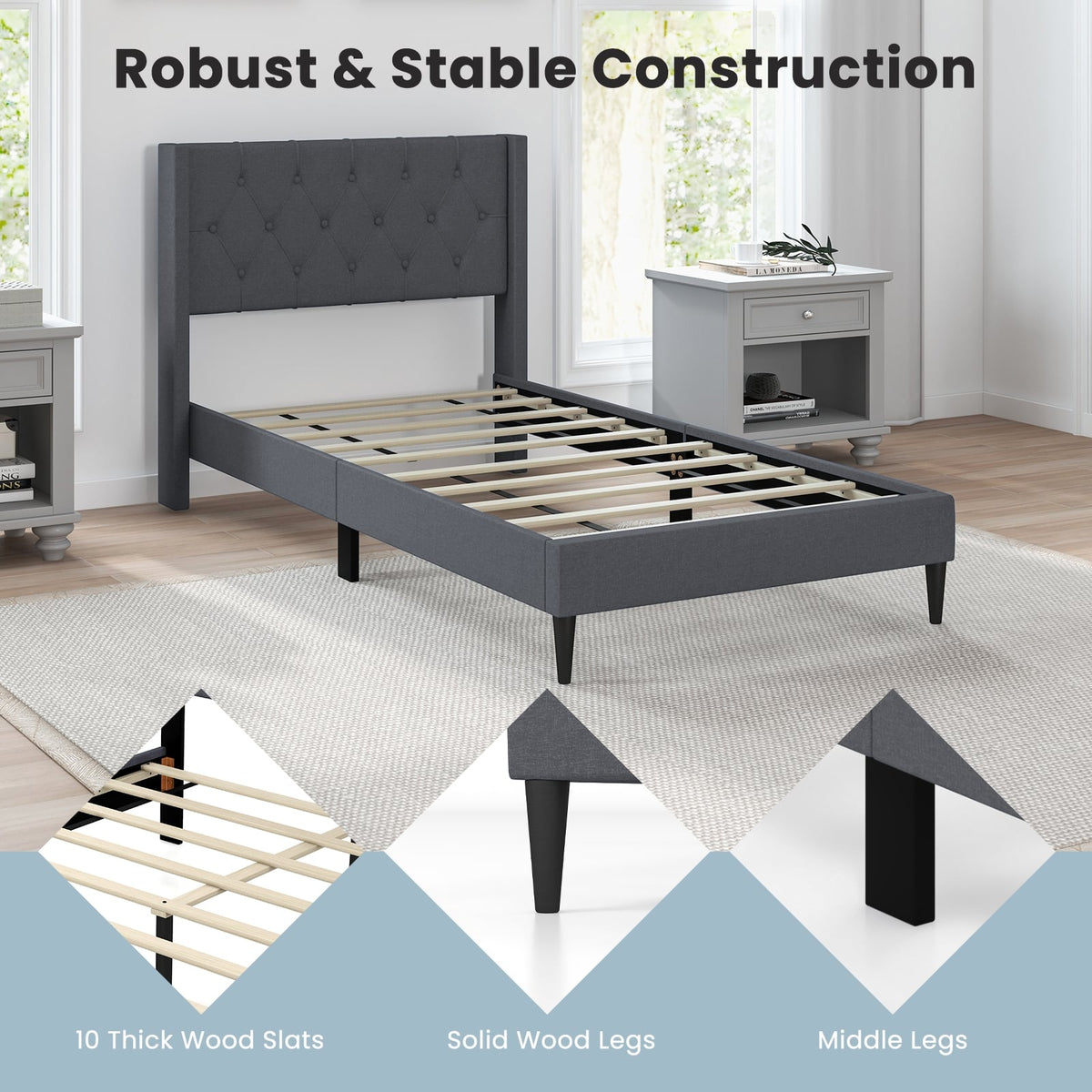 Twin Size Upholstered Platform Bed with Button Tufted Wingback Headboard-Gray-Simple Bed Frame-DECOROLALA