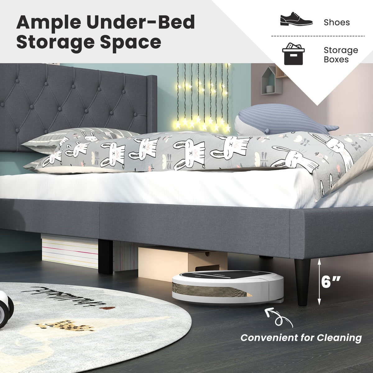 Twin Size Upholstered Platform Bed with Button Tufted Wingback Headboard-Gray-Simple Bed Frame-DECOROLALA