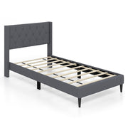 Twin Size Upholstered Platform Bed with Button Tufted Wingback Headboard-Gray-Simple Bed Frame-DECOROLALA