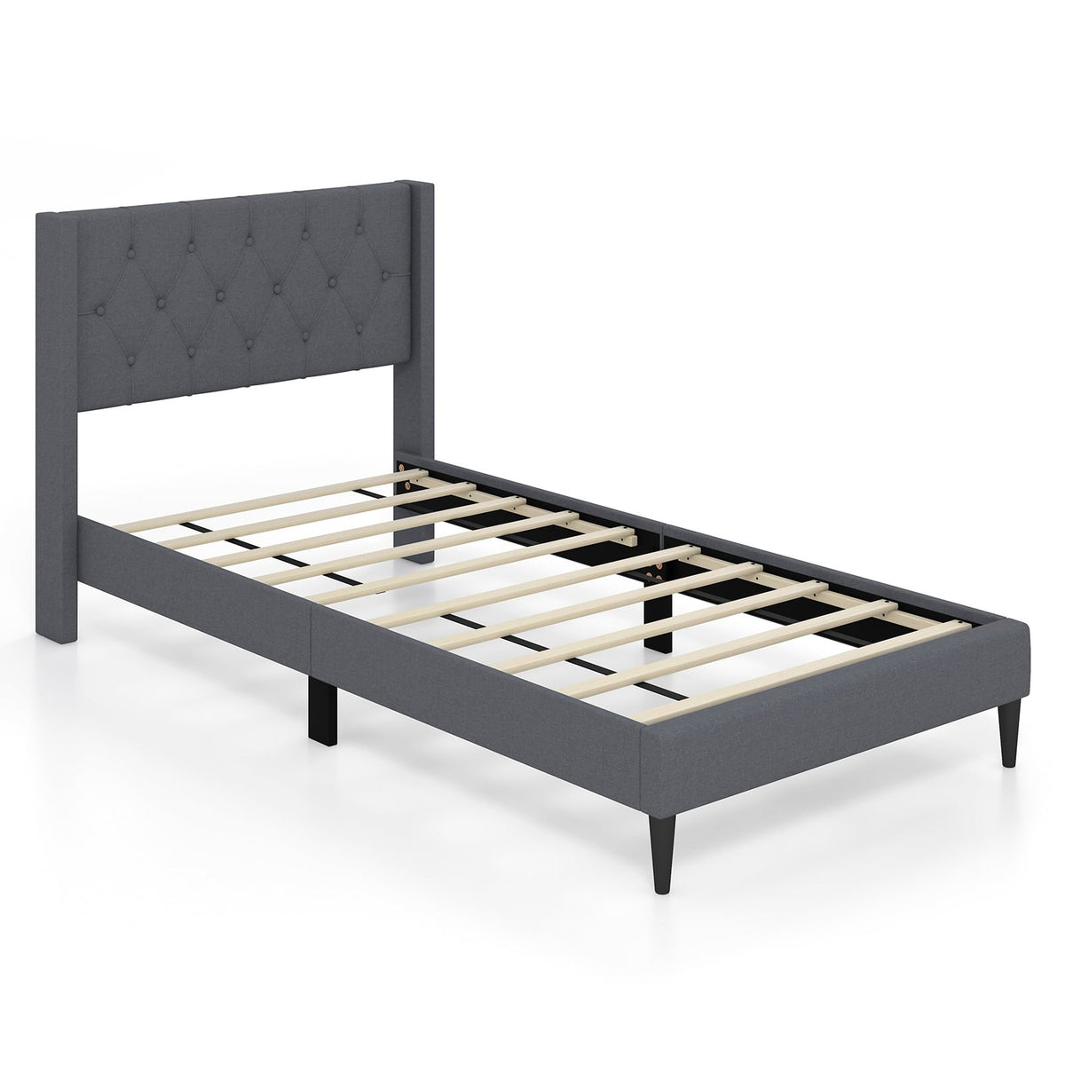 Twin Size Upholstered Platform Bed with Button Tufted Wingback Headboard-Gray-Simple Bed Frame-DECOROLALA