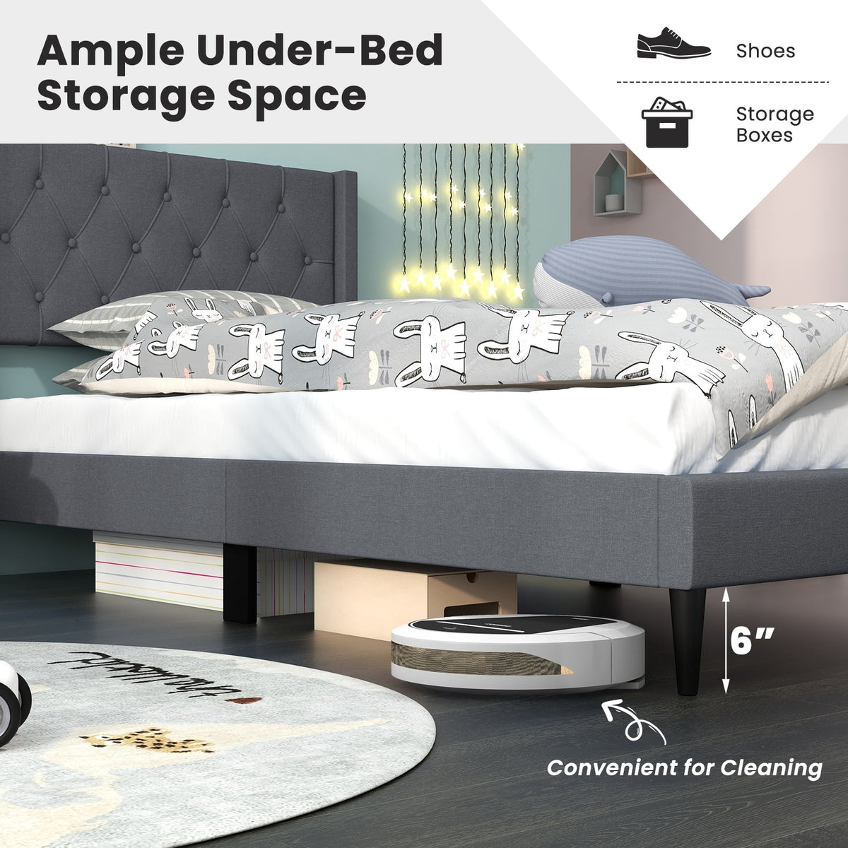 Twin Size Upholstered Platform Bed with Button Tufted Wingback Headboard-Simple Bed Frame-DECOROLALA