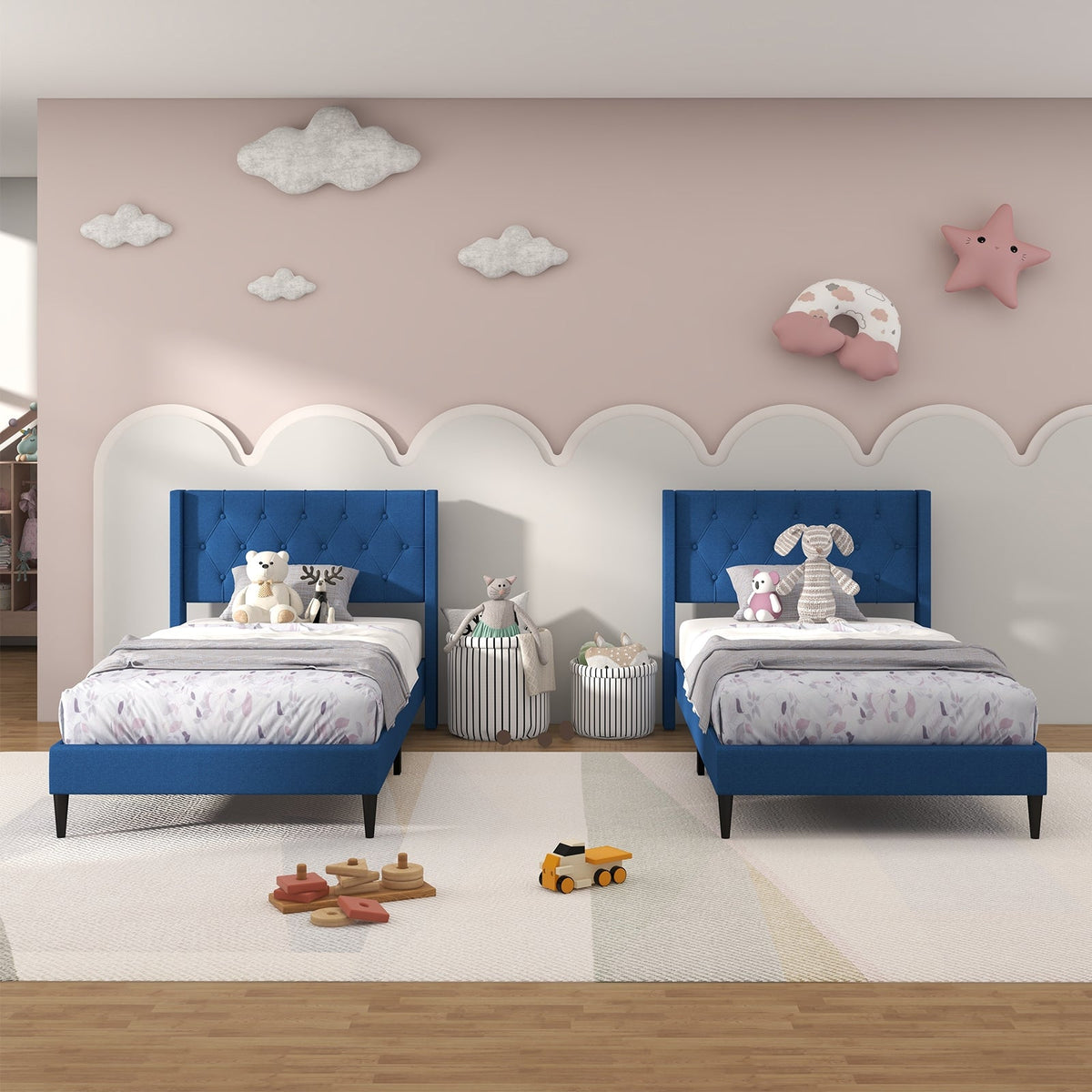 Twin Size Upholstered Platform Bed with Button Tufted Wingback Headboard-Simple Bed Frame-DECOROLALA