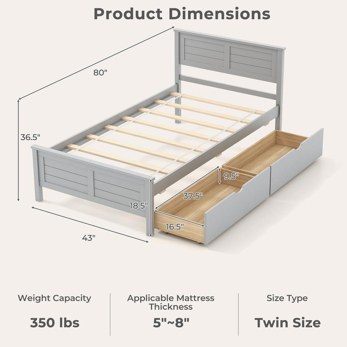 Twin Size Bed Frame with Storage Drawers-Trundle Bed Frame-DECOROLALA