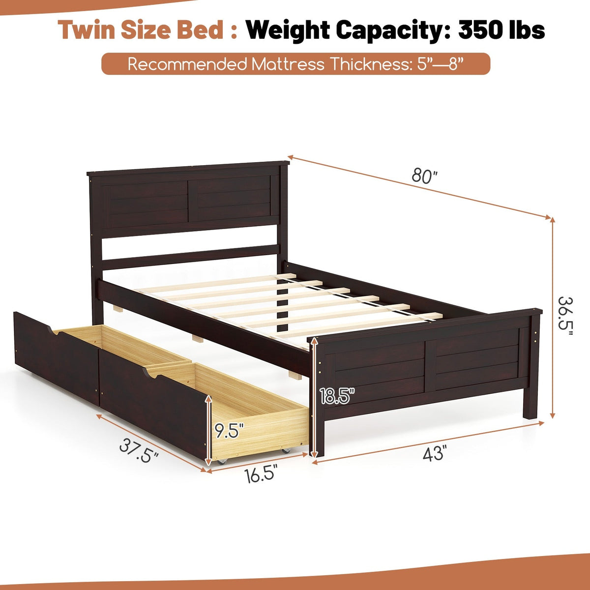 Twin Size Bed Frame with Storage Drawers-Trundle Bed Frame-DECOROLALA